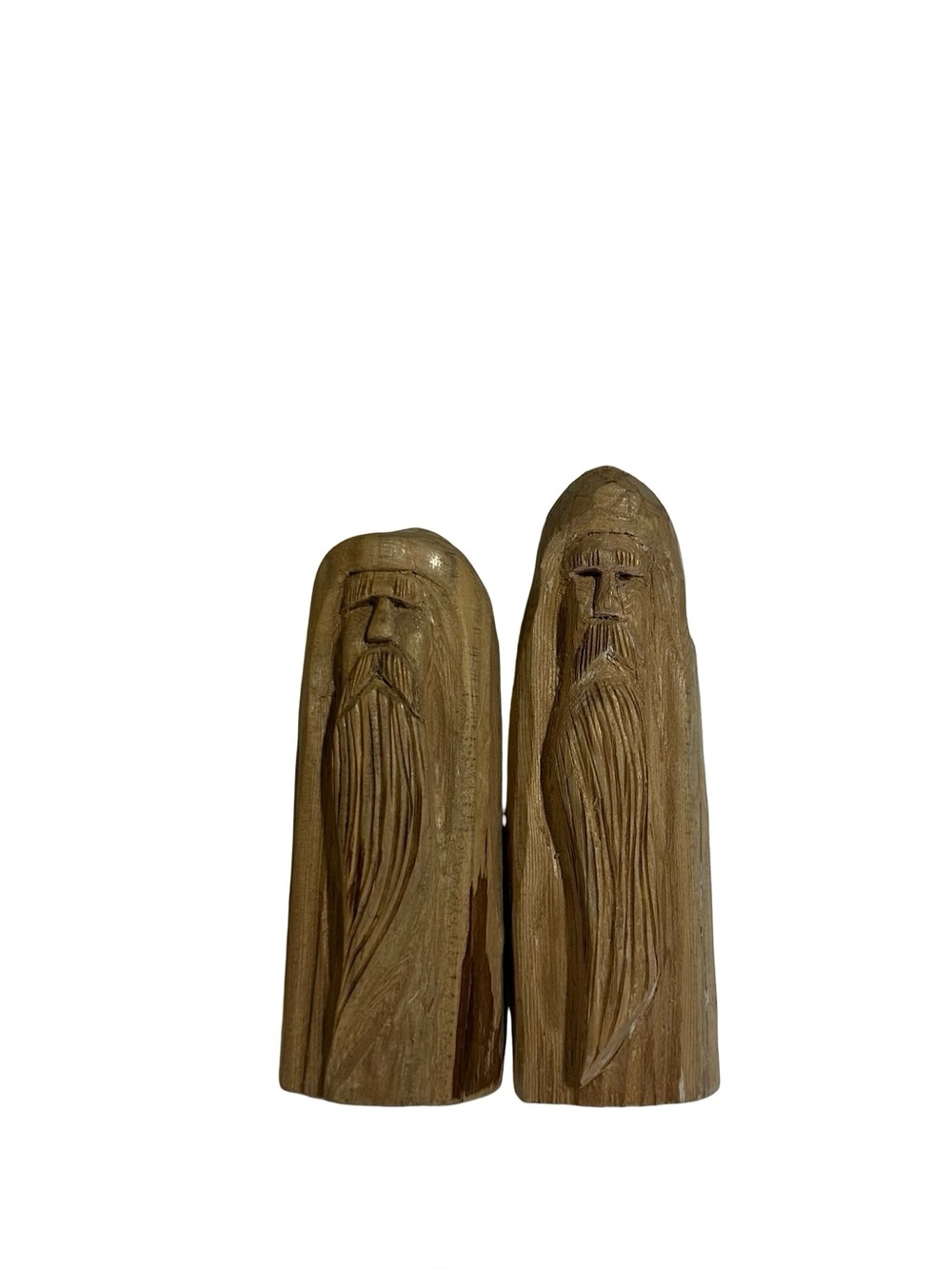 Vtg Dan Christian Wood Carving Pair Wood Spirit Tree Wizards Alanson MI Folk Art
